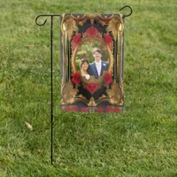 Golden frame with red roses, gothic style photo garden flag