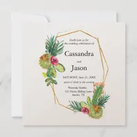 Cactus Geometric  Gold Frame Wedding Invitation