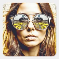 Lady with Reflection in her Sunglasses Ai Art Square Sticker