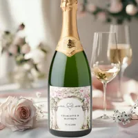 Wedding mr mrs heart script pink florals arch sparkling wine label