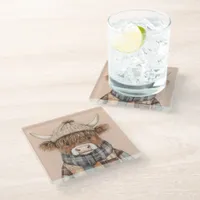 Boho Cute Highland Cow in Hat Cream Glass Coaster