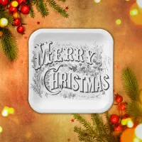 Merry Christmas - Vintage Style Black on White | Paper Plates