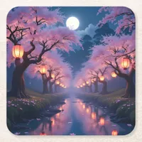 Moonlit Cherry Blossom Lanterns - Anime Landscape Square Paper Coaster