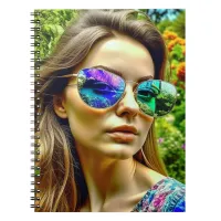 Beautiful Girl with Sunglasses Reflection Flowers Notebook