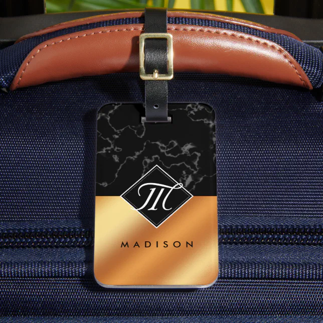 Elegant Black Marble & Copper Foil Script Monogram Luggage Tag