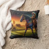 Colorful Horse Rider in Vibrant Sunset Landscape Throw Pillow