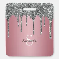 Silver Glitter Drips Rose Gold Pink Monogram Name Seat Cushion