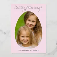 Easter Blessings Simple Custom Photo Elegant Pink Foil Holiday Card