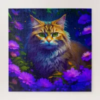 Cute Orange Kitty Cat in Flowers Jigsaw Puzzle