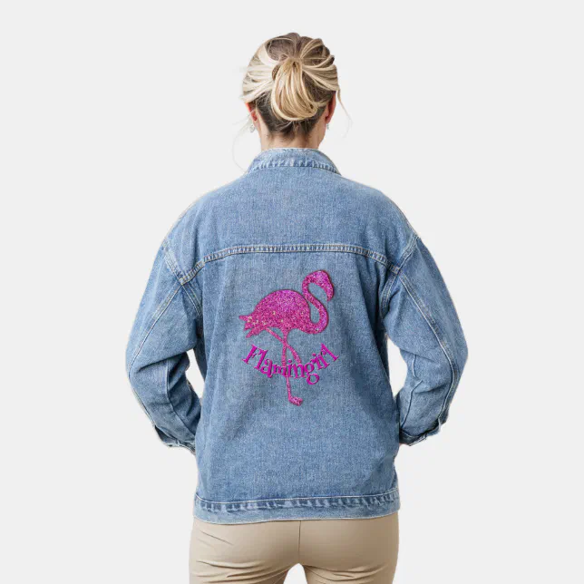 Pink glitter flamingo - customizable text denim jacket