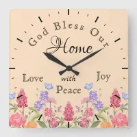 God Bless Our Home Floral Wildflowers Beige Square Wall Clock