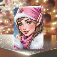 Cute Pink Elf | Merry Christmas Card