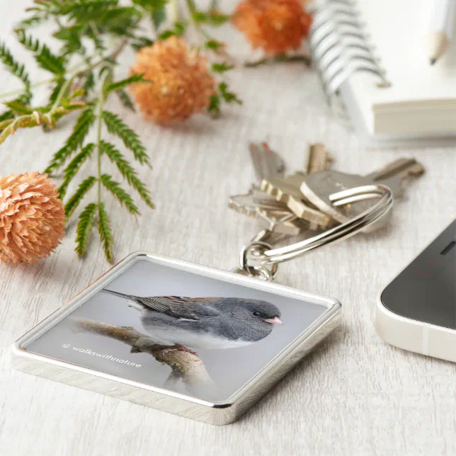 Slate-Colored Dark-Eyed Junco Sparrow on Pear Tree Keychain