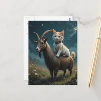 Cute Cat Riding a Goat in the Field Funny Fantasy Postcard