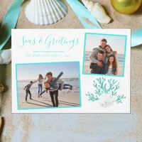 Aqua Blue Seas & Greetings Beach Christmas 2 Photo Holiday Card