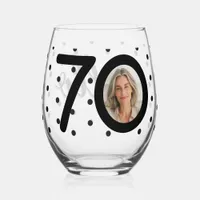 Hello 70 Black & White Dots Custom Photo Birthday Stemless Wine Glass