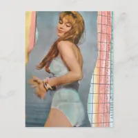 Woman in 1957 on the beach mixed media collage postcard