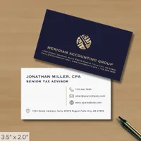 Professional Navy Blue Gold Logo Business Card