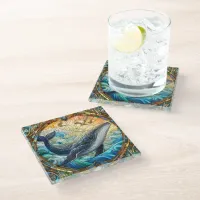 Majestic Marine Mosaic A Stained Glass Whale Glass Coaster