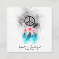 *~* Boho Peace Sign Flowers Feathers Grunge Tribal Square Business Card