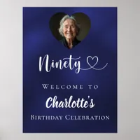 Navy blue 90th birthday party photo heart welcome poster