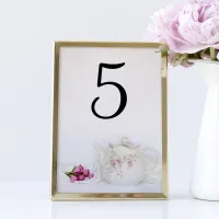 Teapot and Pink Roses Wedding Table Number