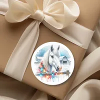 Beautiful White Horse on Farm Christmas Classic Round Sticker