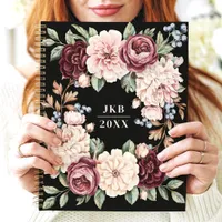 Elegant Dark Floral Wreath Custom Monogram Planner