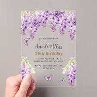 Wisteria purple florals butterflies clear birthday acrylic invitations