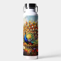 A Gold and Blue Peacock in Flowers  Water Bottle