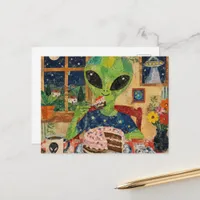 A Cute Alien Eating Cake Postcard