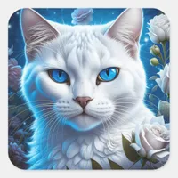 White Cat with Bright Blue Eyes Floral  Square Sticker