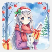 Festive Anime Girl Christmas Square Sticker