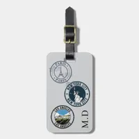 Gray passport stamps monogram initials luggage tag