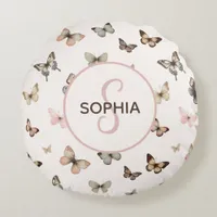 Cute Baby Girl Custom Monogram Butterfly Pattern Round Pillow