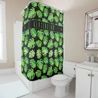 Tropical Green Watercolor Leaves with Family Name Shower Curtain