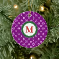 Wreath Monogram Your Name White Snowflakes Purple Ceramic Ornament