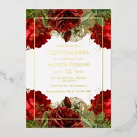Burgundy and Gold Vintage Roses Quinceañera Photo Foil Invitation