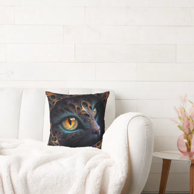 Fractal Cat Face in Black and Vibrant Colors Throw Pillow