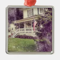 Front Porch and American Flag Metal Ornament