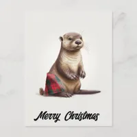 Cute Adorable Christmas Otter in Plaid Holiday Postcard