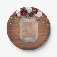 Rustic Burgundy Floral Mason Jar Wedding Paper Plates