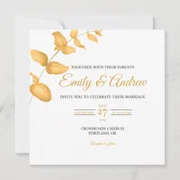 Gold Foliage Watercolor Floral Square Wedding Invitation