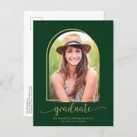 Modern Arch Green Gold Photo Graduation Party  Announcement Postcard