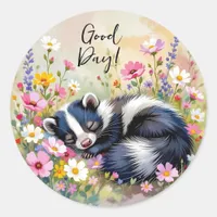 An Adorable Skunk Napping in Flowers | Good Day Classic Round Sticker