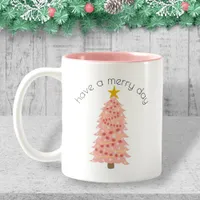 Personalized Pink Christmas Tree Have A Merry Day Two-Tone Coffee Mug