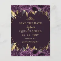 Purple Gold Floral Quinceañera  Save the Date Announcement Postcard