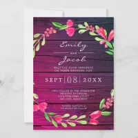 Purple Rustic Wood Pink Floral Country Wedding Announcement