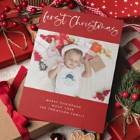 Baby First Christmas Script Photo Christmas Red Holiday Card
