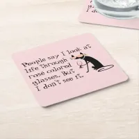 Through Rosé Colored Glasses, Wine Pun Cat Square Paper Coaster